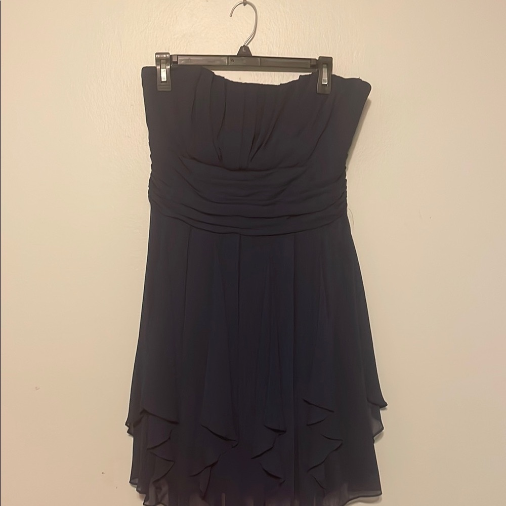 David's Bridal Navy Strapless Ruched Cocktail Dress